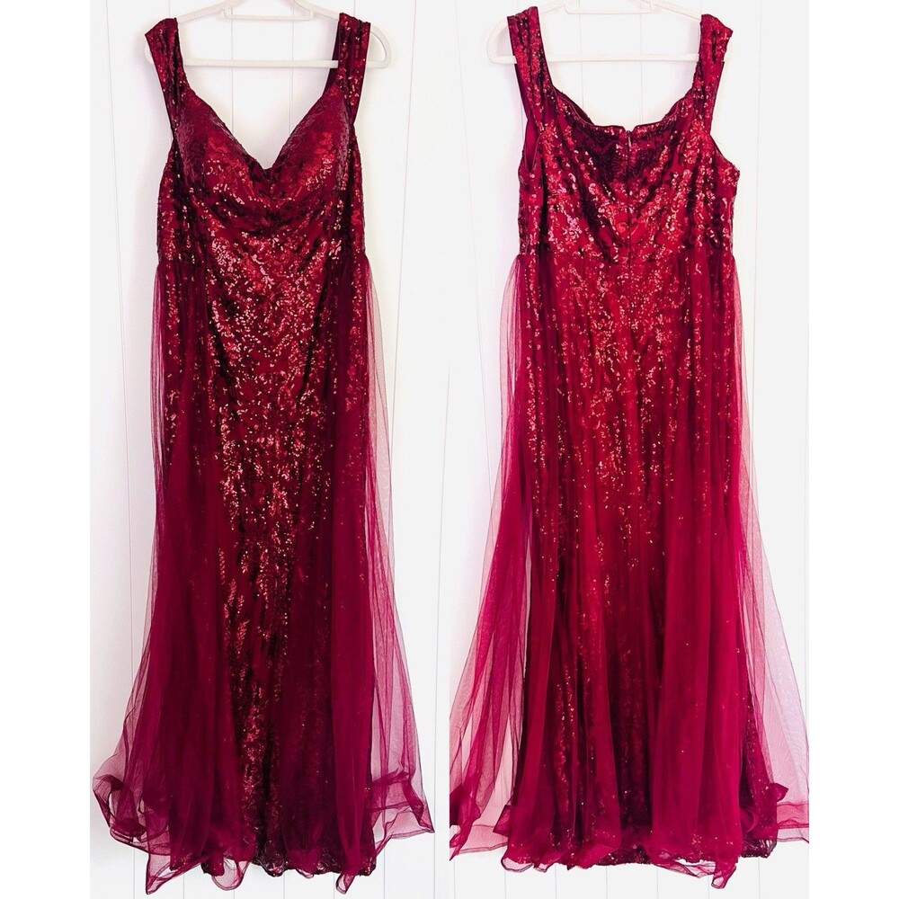 Gorgeous Faeriesty Wine Red Sequin Tulle Overlay Evening Gown Mermaid Size 5XL